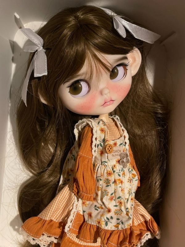 Blythe doll has long curly brown hair